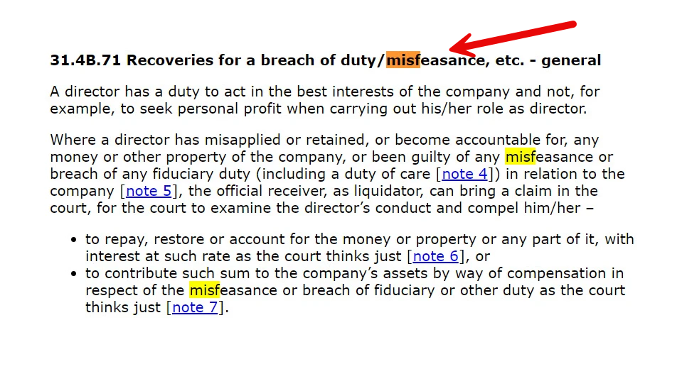 What is Misfeasance? (from https://www.insolvencydirect.bis.gov.uk/freedomofinformation/technical/technicalmanual/ch25-36/chapter31/part4b/part4/part_4.htm)